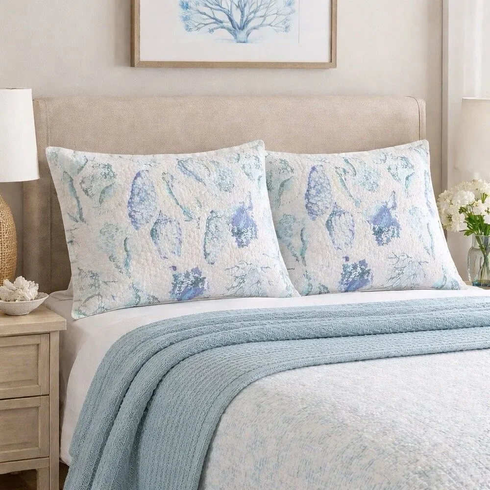 Teal White Quilted Pillow Cover Sham Nautical Coastal Beach Shells Sea Set of 2